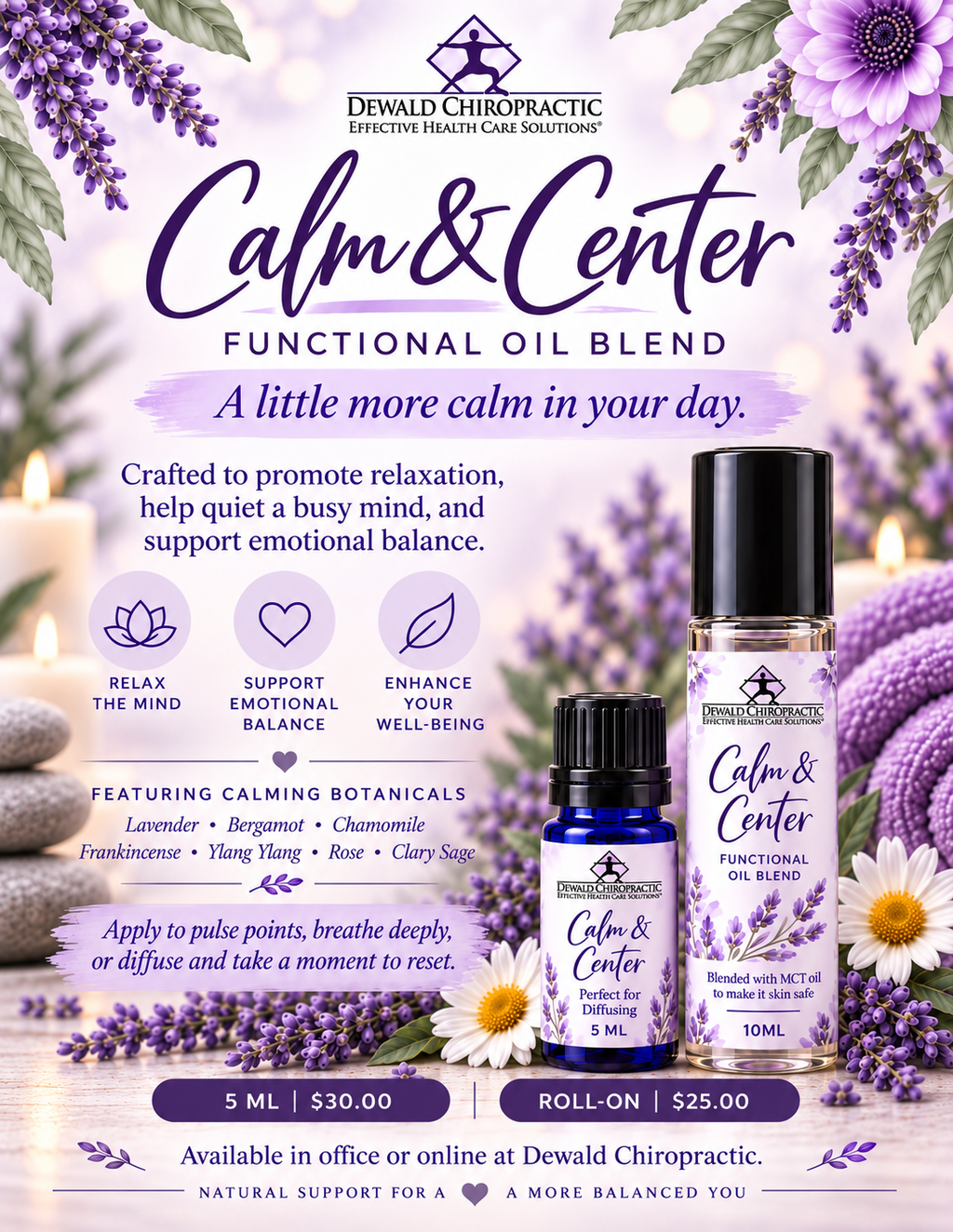 Calm & Center Functional Oil Blend | Lavender Bergamot Chamomile Frankincense | 5ml & Roller