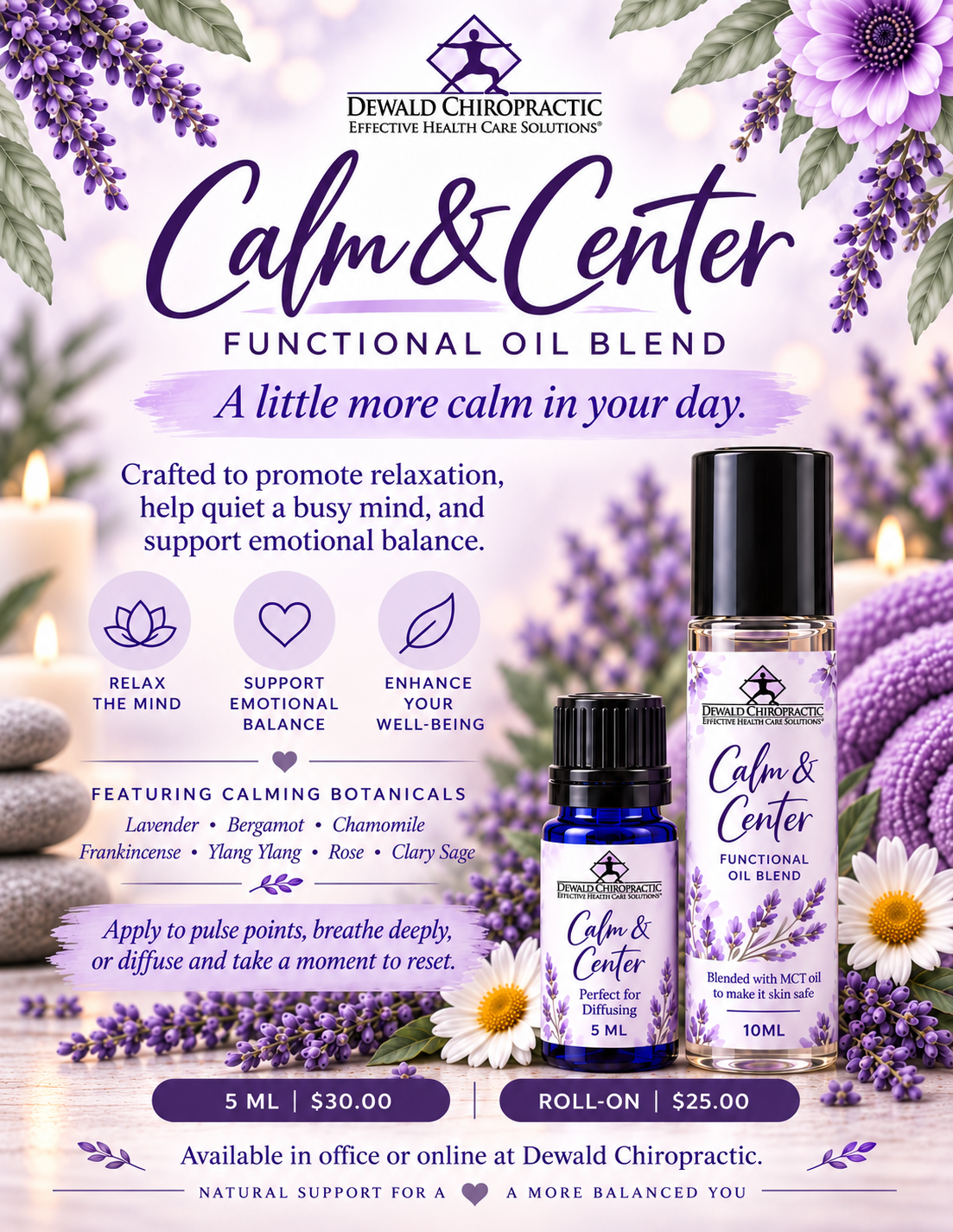 Calm & Center Functional Oil Blend | Lavender Bergamot Chamomile Frankincense | 5ml & Roller