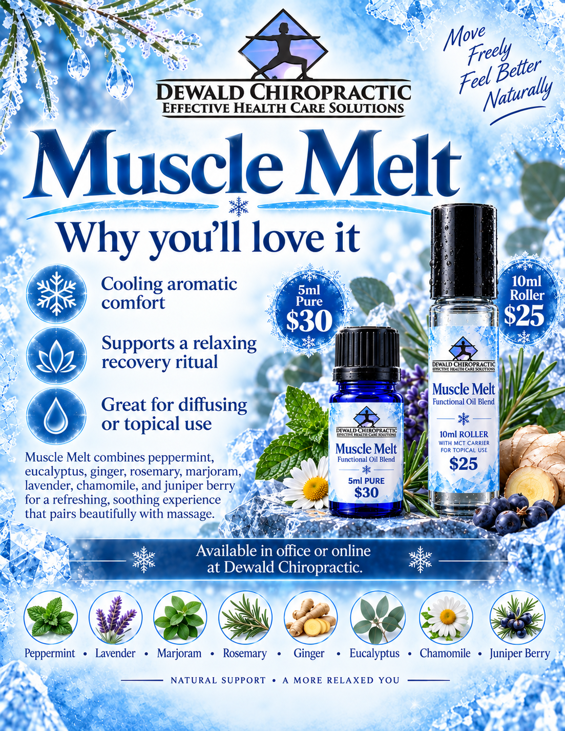 Muscle Melt Functional Oil Blend | Peppermint Eucalyptus Ginger Rosemary | 5ml & Roller