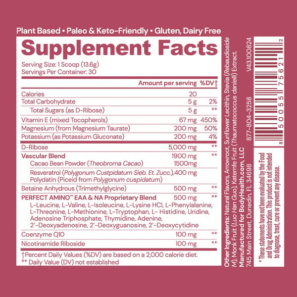 BodyHealth Cardiovascular Powder with PerfectAmino supplement facts label