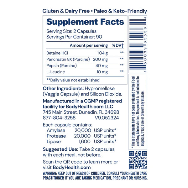 BodyHealth Digestive Enzymes supplement facts label with betaine pancreatin and pepsin