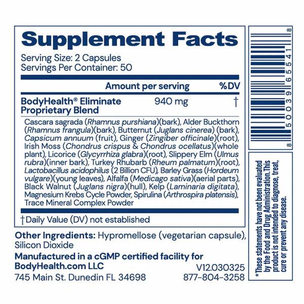BodyHealth Eliminate herbal digestive support capsules supplement facts label