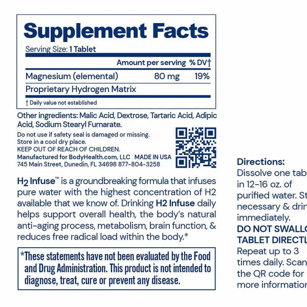 BodyHealth H2 Infuse molecular hydrogen tablets supplement facts label