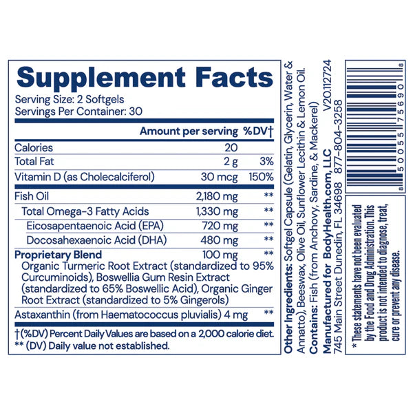 BodyHealth Omega-3 Health softgels supplement facts and ingredients label