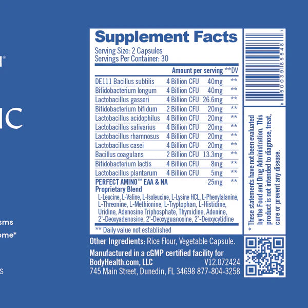BodyHealth Probiotic capsules with PerfectAmino supplement facts label