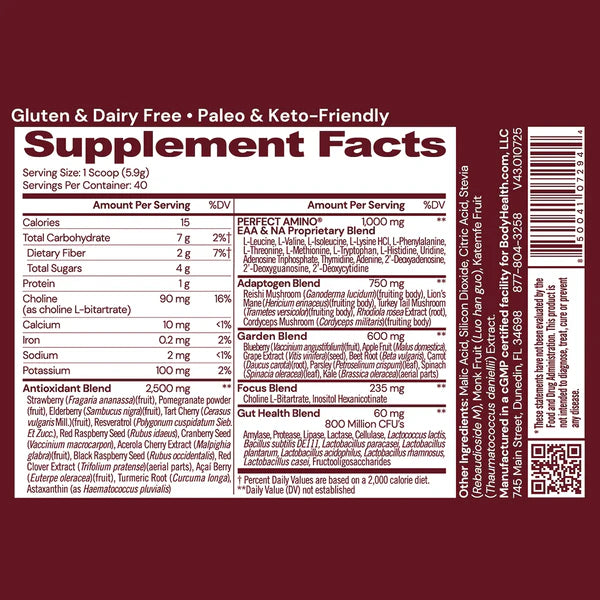 BodyHealth Reds Superfoods Powder with PerfectAmino supplement facts and ingredients