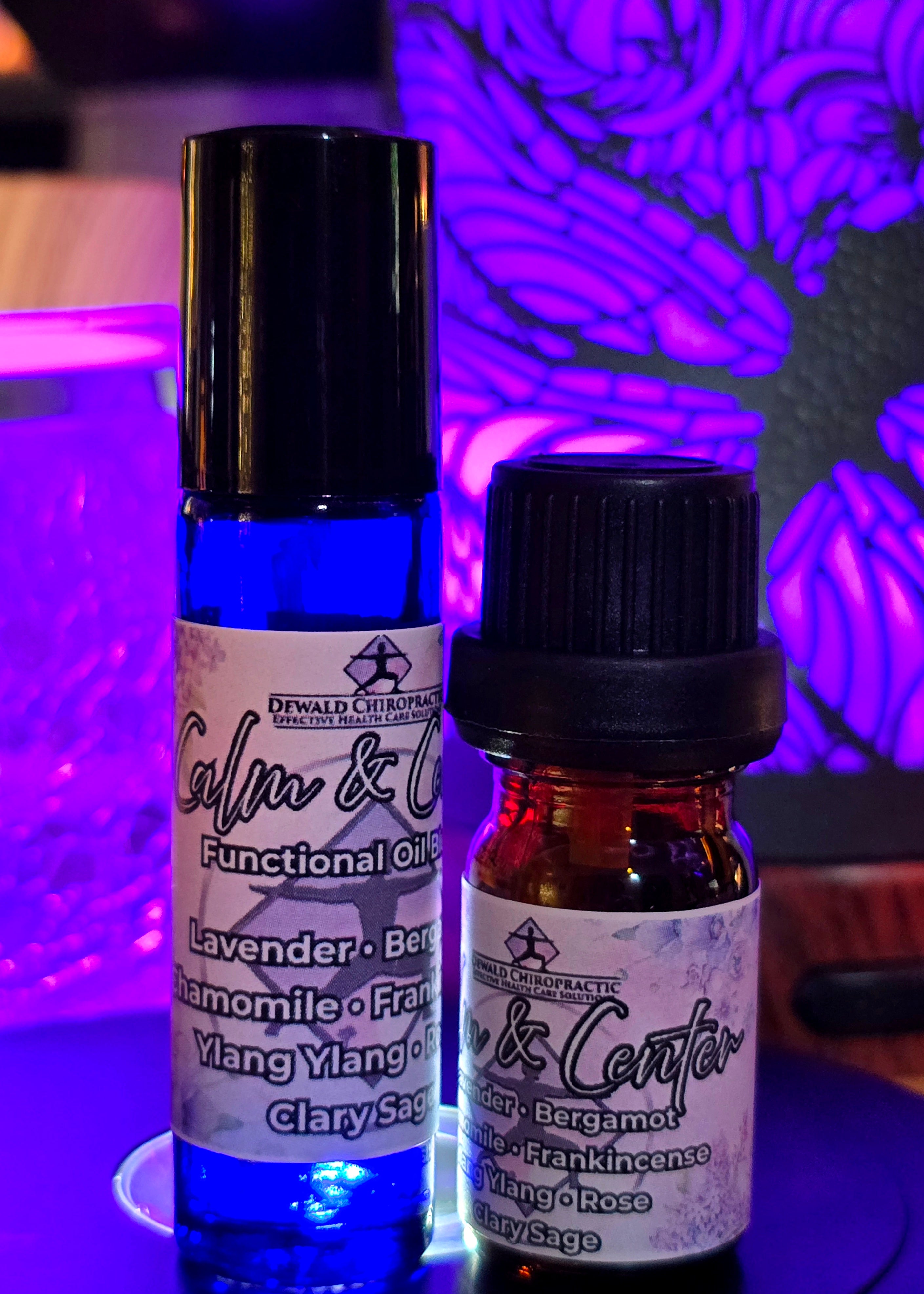 Calm and Center functional oil blend 5ml bottle and roller Dewald Chiropractic Spa