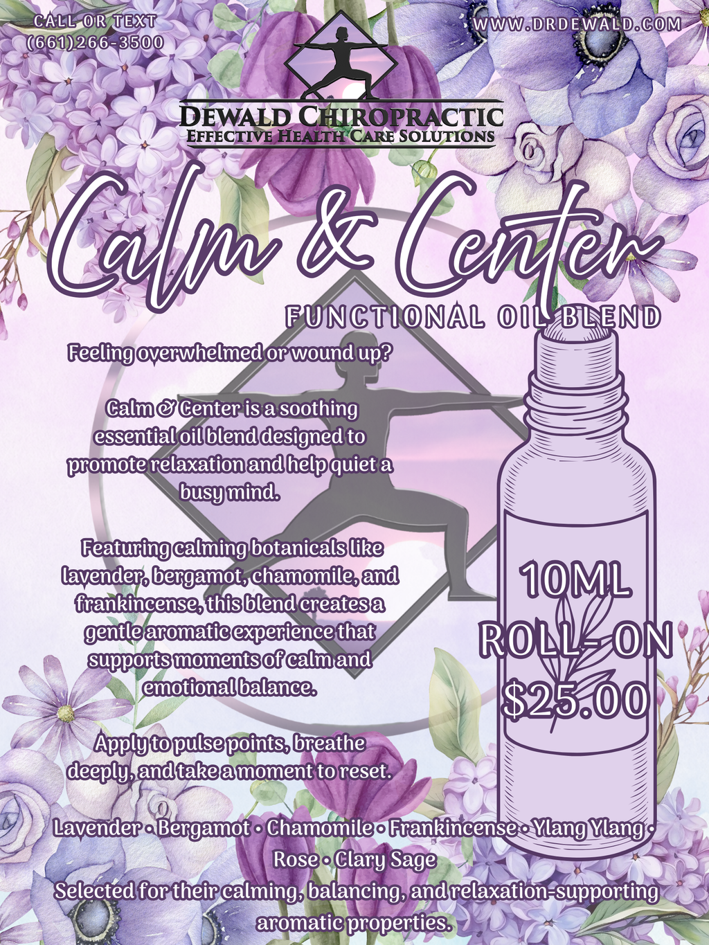 Calm and Center functional oil blend lavender bergamot chamomile frankincense