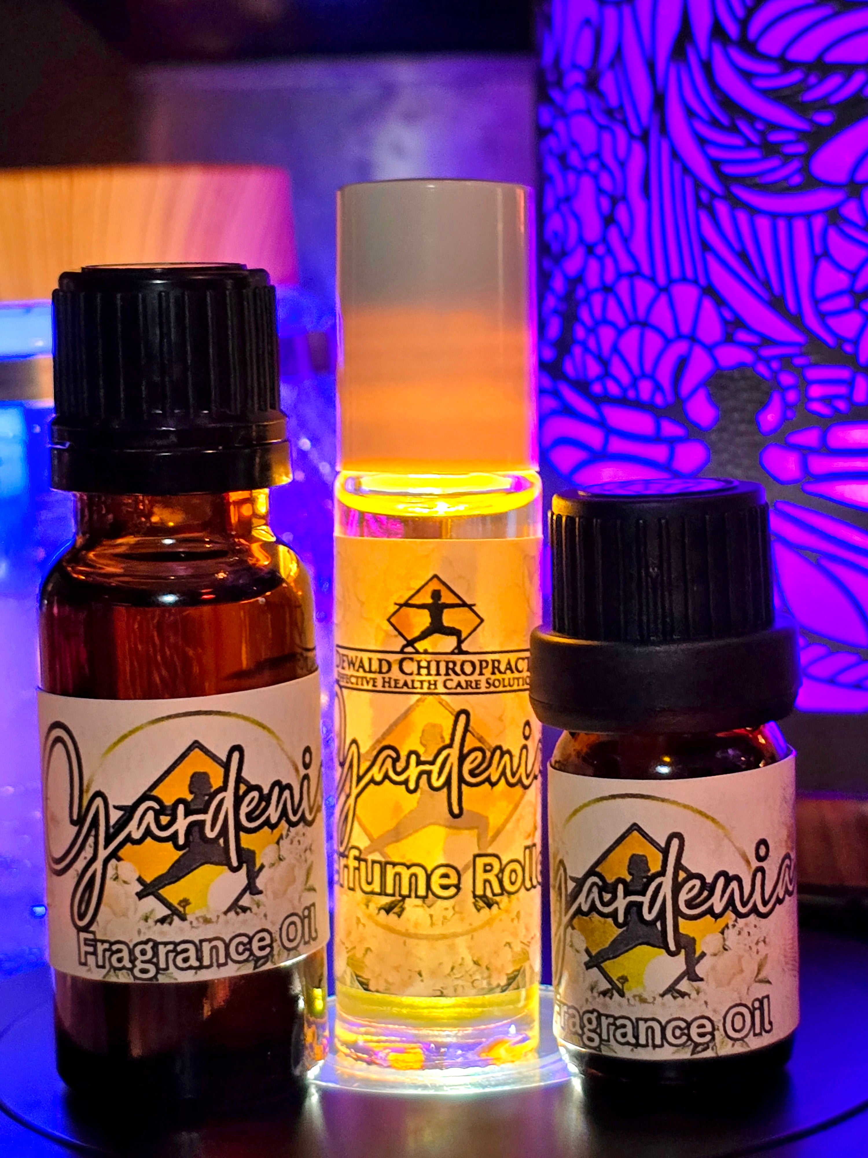 Gardenia fragrance oil bottles and perfume roller Dewald Chiropractic Spa