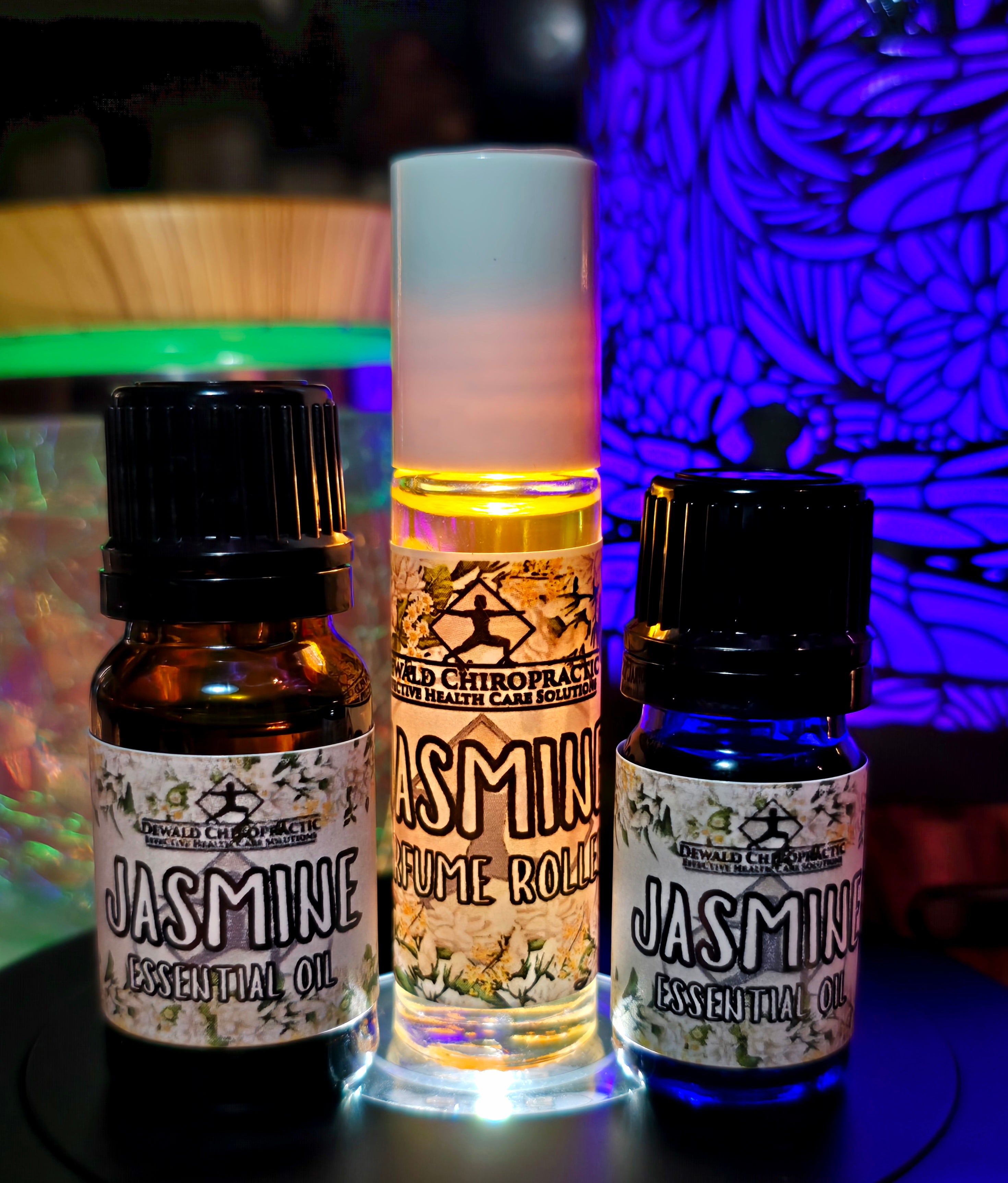 Jasmine essential oil 5ml 10ml bottles and perfume roller Dewald Chiropractic Spa