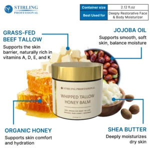Whipped Tallow Honey Balm with grass-fed tallow, organic honey, jojoba oil and shea butter
